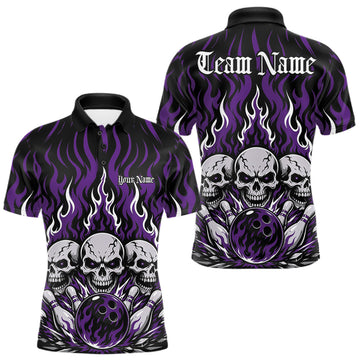 Maxcorners Purple Custom Gothic Flame Skull Bowling Tournament Bowling League Team Shirts For Men, Women And Kid, Bowlers Jersey