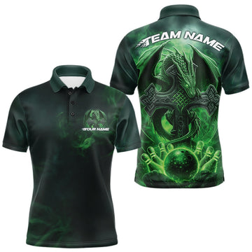 Maxcorners Custom Green Flame Celtic Cross Dragon Bowling Team Shirts, St Patricks Day Faith Bowling Tournament Shirts LM1501