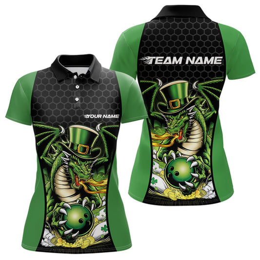Maxcorners Custom Black And Green St Patrick Dragon Bowling Polo Shirts For Men, Lucky Dragon Bowling