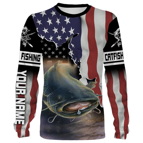 Maxcorners Flathead Catfish Fishing American Flag Customize Name 3D Shirts