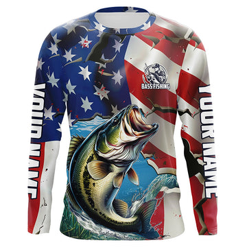 Maxcorners Personalized American Flag Bass Long Sleeve Fishing Shirts, Patriotic Bass Fisherman Jerseys LM0201