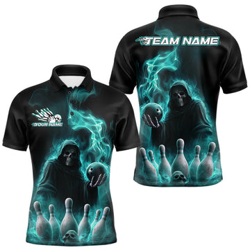 Maxcorners Custom Turquoise Blue Flame Grim Reaper Bowling Men Polo Shirts, Halloween Bowler Outfit LM1203