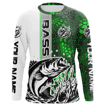 Maxcorners Largemouth Bass Fishing Custom Long Sleeve Tournament Shirts, Bass Fishing Jerseys | Green Camo LM0201