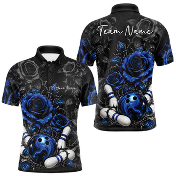 Maxcorners Custom Blue Roses Bowling Team Shirt, Flower Bowling Lover Men Polo Shirt Bowlers Gift