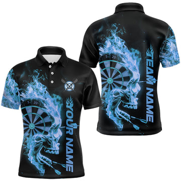 Maxcorners Custom Black And Blue Flame Skull Dart Men Polo Shirts, Halloween Dart Team Outfit LM1903