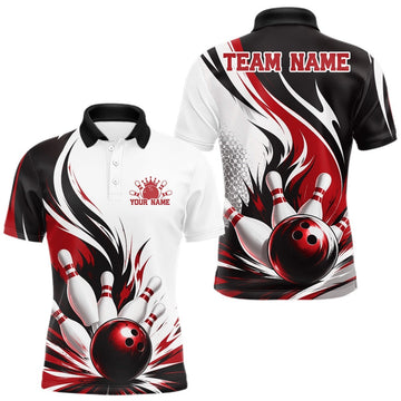 Maxcorners Custom Red Flame Bowling Ball Striking Pins Men Polo Team Shirt LM2806