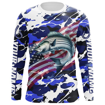 Maxcorners Striped Bass Fishing American Flag Camo Custom Long Sleeve Shirts, Striper Saltwater Fishing Shirts LM0501