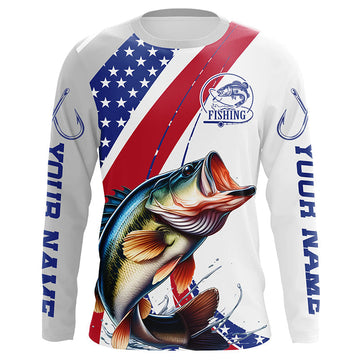 Maxcorners Custom Patriotic Bass Long Sleeve Fishing Shirts, Personalized Bass Fishing Jersey LM0201