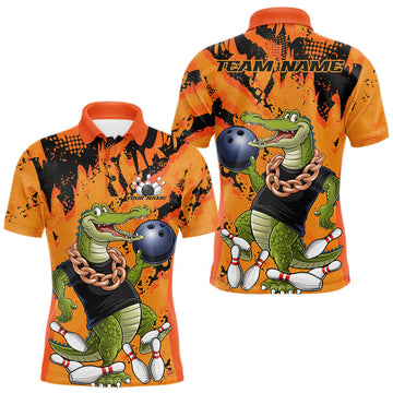 Maxcorners Custom Funny Alligator Bowling Polo Shirt For Men, Grunge Orange Bowling Team Jerseys LM1903