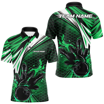 Maxcorners Custom Green Flame Bowling Jerseys For Men, Hexagon Bowling Team Tournament Shirt