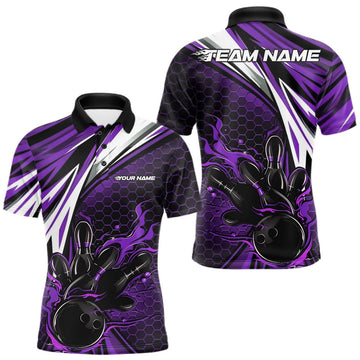 Maxcorners Custom Purple Flame Bowling Jerseys For Men, Hexagon Bowling Team Tournament Shirt