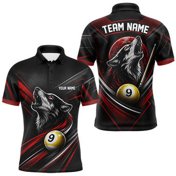 Maxcorners Custom Black And Red Wolf 9 Ball Billiards Men Polo Shirt, Billiards Team Jersey LM2607