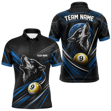 Maxcorners Custom Black And Blue Wolf 9 Ball Billiards Men Polo Shirt, Billiards Team Jersey LM2607