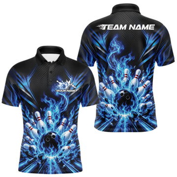 Maxcorners Custom Blue Flame Bowling Jersey, Matching Bowling League Men Polo Shirt For Team LM2709