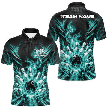 Maxcorners Custom Turquoise Blue Flame Bowling Jersey, Bowling League Men Polo Shirt For Team LM2709