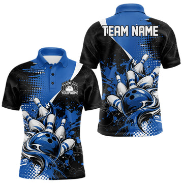 Maxcorners Custom Black And Blue Splatter Bowling Jersey Bowling Tournament Men Polo Shirt