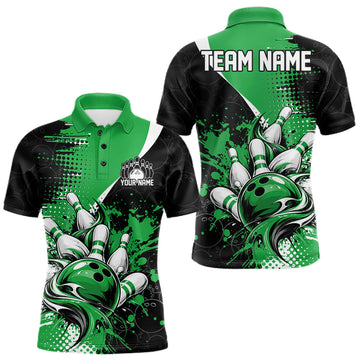 Maxcorners Custom Black And Green Splatter Bowling Jersey Bowling Tournament Men Polo Shirt