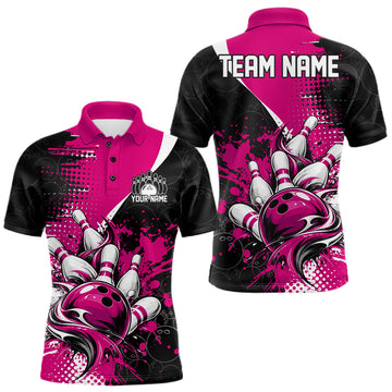 Maxcorners Custom Black And Pink Splatter Bowling Jersey Bowling Tournament Men Polo Shirt