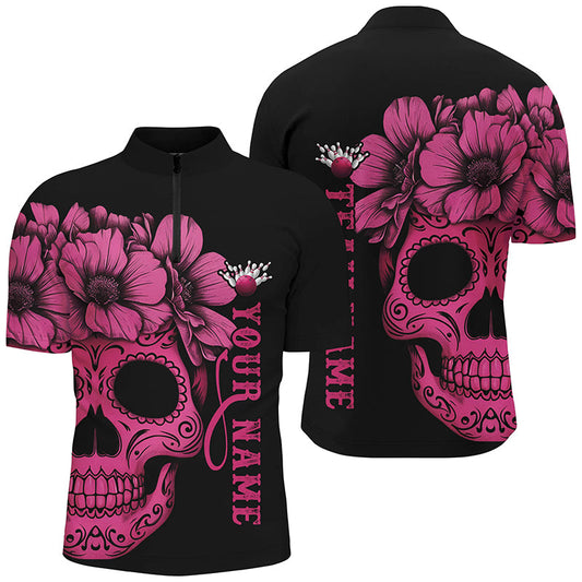 Maxcorners Pink Sugar Skull Tattoo Custom For Men Team Bowling Polo Shirts