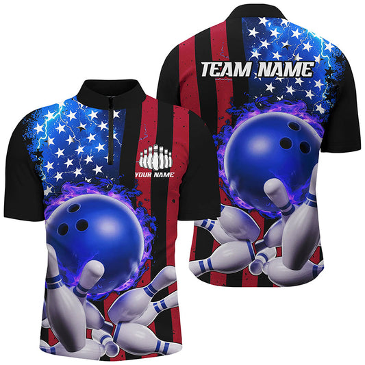 Maxcorners American Flag Thunder Lightning Flame Bowling Ball Custom For Men Bowling Team Shirts