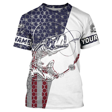 Maxcorners Personalized American Flag Fish Skull Fishing Shirts Patriotic Long Sleeve Fishing Shirts MT2108
