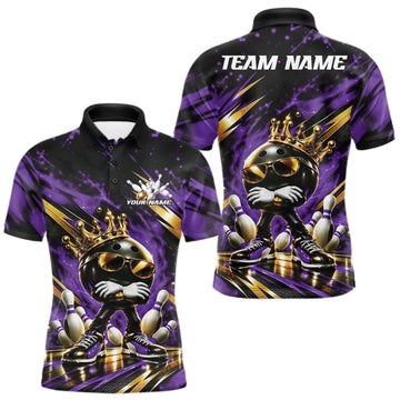 Maxcorners Custom Purple And Gold Funny Awesome Crown Bowling Ball Bowling King Men Polo Team Shirt LM2709