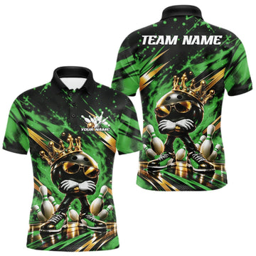 Maxcorners Custom Green And Gold Funny Awesome Crown Bowling Ball Bowling King Men Polo Team Shirt LM2709