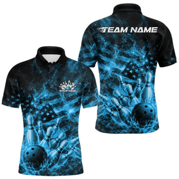 Maxcorners Custom Blue Fire Patriotic Bowling Men Polo Shirt, American Flag Flame Bowling Jersey LM2603