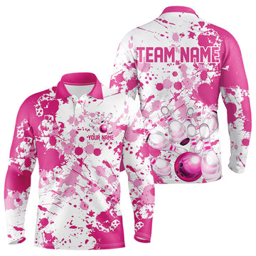Maxcorners Custom Pink Bowling Long Sleeve Polo Shirts For Men, Splatter Bowling Team Jerseys With Name LM1903