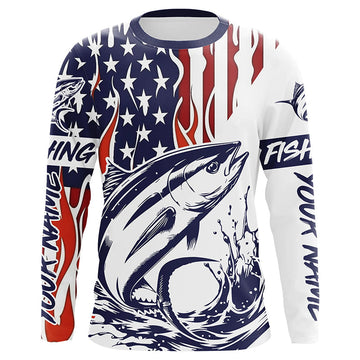 Maxcorners Flame American Flag Custom Tuna Long Sleeve Fishing Shirts, Patriotic Tuna Saltwater Fishing Jerseys LM0501