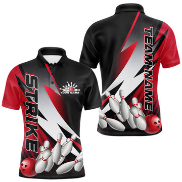 Maxxcorners Custom Black And Red Strike Bowling Polo Shirts For Men, Bowling Team Uniform LM1904