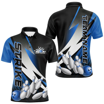 Maxxcorners Custom Black And Blue Strike Bowling Polo Shirts For Men, Bowling Team Uniform LM1904