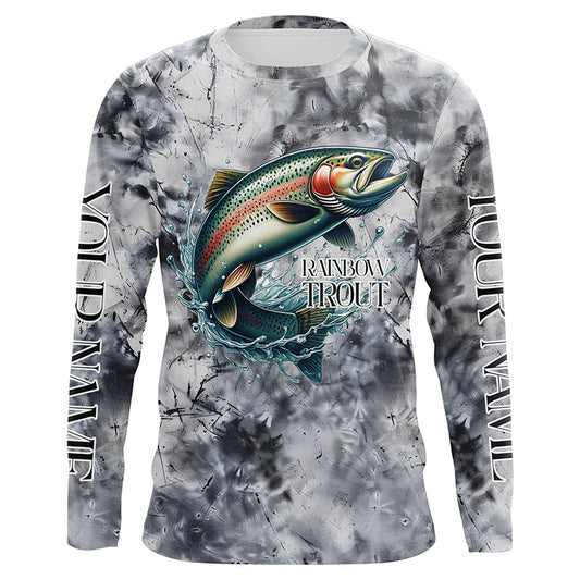 Maxcorners Gray Tie Dye Camo Custom Rainbow Trout Fly Fishing Shirts, Trout Long Sleeve Fishing Shirt MT2108