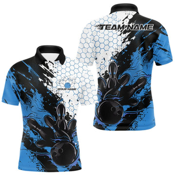 Maxcorners Custom Blue Flame Grunge Bowling Men Polo Shirt, Halftone Hexagon Bowling Shirt LM0409