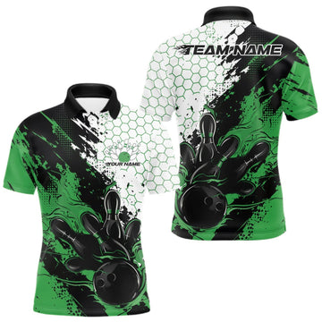 Maxcorners Custom Green Flame Grunge Bowling Men Polo Shirt, Halftone Hexagon Bowling Shirt LM0409