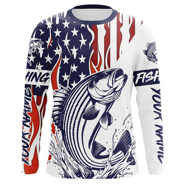 Maxcorners Flame American Flag Custom Striped Bass Long Sleeve Fishing Shirts, Patriotic Striper Fishing Jersey LM0501