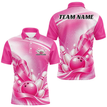 Maxcorners Custom Pink Splatter Breast Cancer Pink Ribbon Bowling Men Polo Shirt, Team League Shirt LM0409