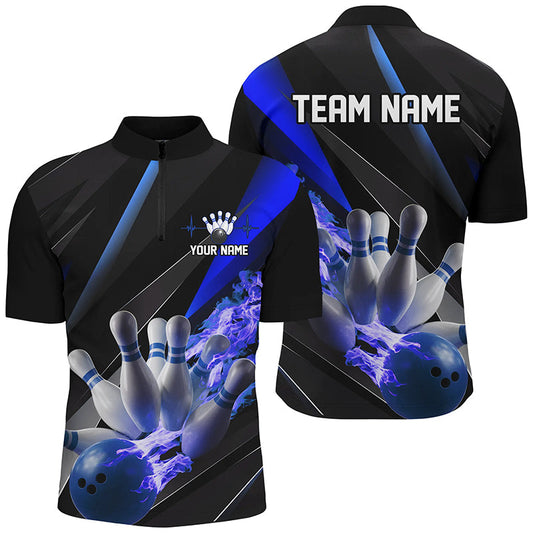 Maxcorners Personalized Blue Flame Bowling Shirts For Men, Bowling Tournament Shirts Bowlers Outfits