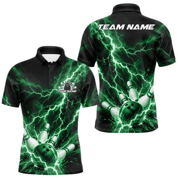 Maxcorners Custom Green Lightning Bowling Team Men Polo Shirt, Bowling Tournament Jerseys LM0410