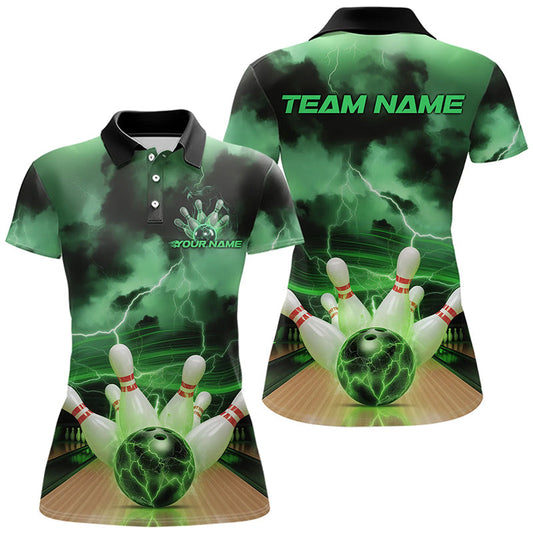 Maxcorners Green Thunder Lightning Custom Bowling Polo Shirts For Men, Bowling League Shirt Outfits