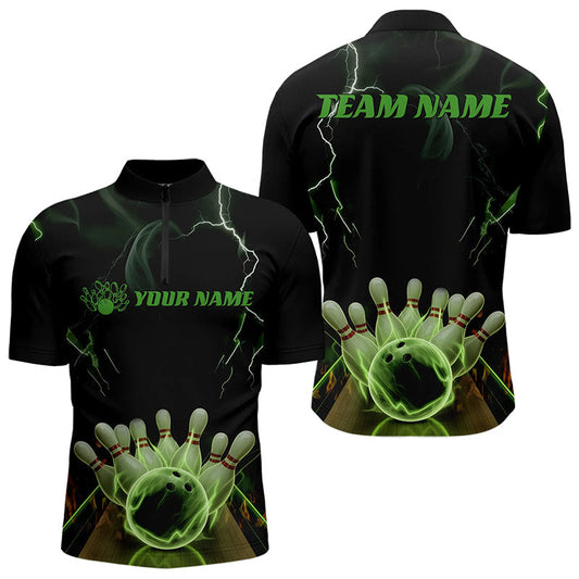 Maxcorners Black And Green Thunder Lightning Custom Bowling Polo Shirts For Men, Bowling Team Uniform