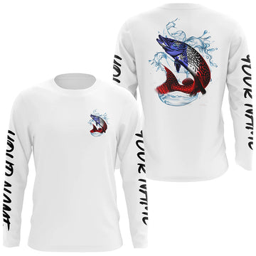 Maxcorners Personalized American Flag Northern Pike Fishing Shirts, Patriotic Pike Long Sleeve Fishing Shirts LM0501
