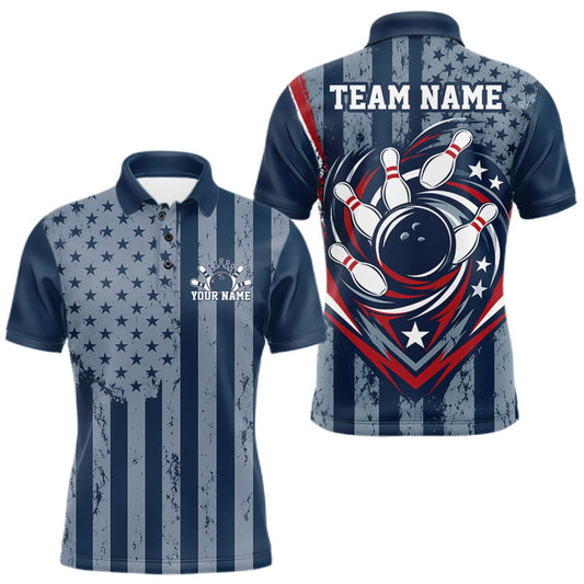 Maxcorners Grunge American Flag Custom Vintage Patriotic Bowling Men Polo Shirt, Bowling Jersey LM0510