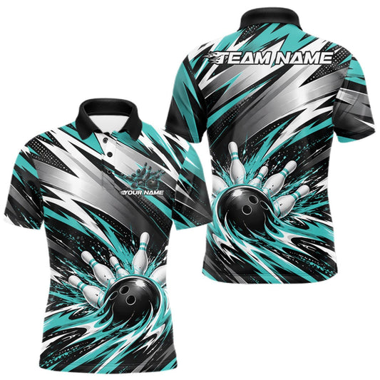 Maxcorners Custom Black And Teal Flame Bowling Jersey, Bowling Polo Team Shirt For Men LM0510