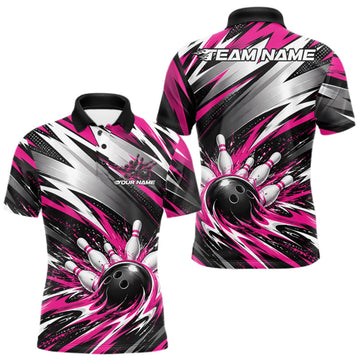 Maxcorners Custom Black And Pink Flame Bowling Jersey, Bowling Polo Team Shirt For Men LM0510