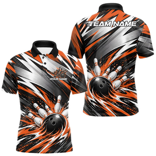Maxcorners Custom Black And Orange Flame Bowling Jersey, Bowling Polo Team Shirt For Men LM0410