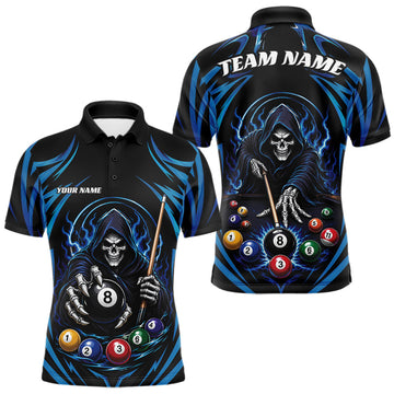 Maxcorners Custom Blue Grim Reaper Billiards Men Polo Shirt, Halloween Pool Team Outfit