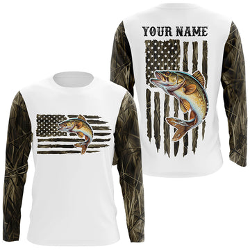 Maxcorners Personalized American Flag Walleye Long Sleeve Fishing Camo Shirts, Patriotic Walleye Fishing Jersey LM0501