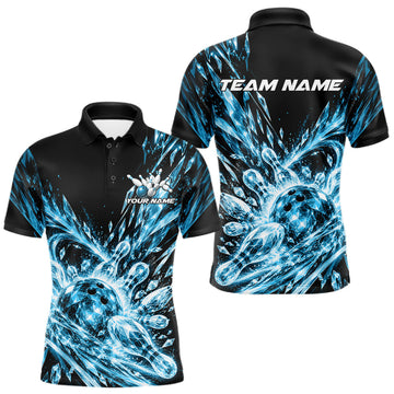 Maxcorners Sky Blue Custom Crystal Ice Bowling Team Men Polo Shirt, Bowling Tournament Jersey