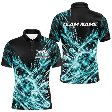 Maxcorners Aqua Blue Custom Crystal Ice Bowling Team Men Polo Shirt, Bowling Tournament Jersey